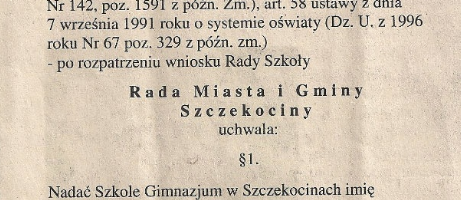 Uchwała Rady Miasta i Gminy Szczekociny z 2003 r. w sprawie nadania szkole imienia